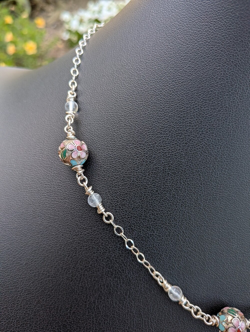 Sterling Silver Flower Necklace - Vintage Cloisonne Beads - Topaz Gems - Picture 10 of 14